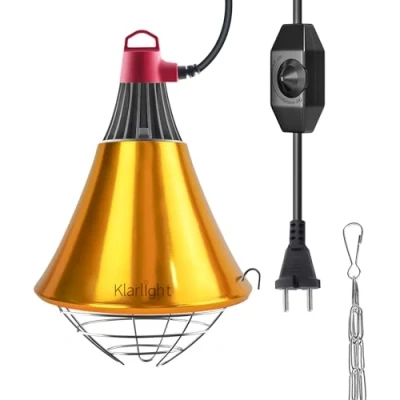 Imagen de Klarlight Calefactora Infrarrojo Regulable, Reflector con Rejilla Protectora, 2m de Cable, Max. 275W, Calentador para Casas Cachorros, Pollitos y Cerdos (Sin Bombilla)
