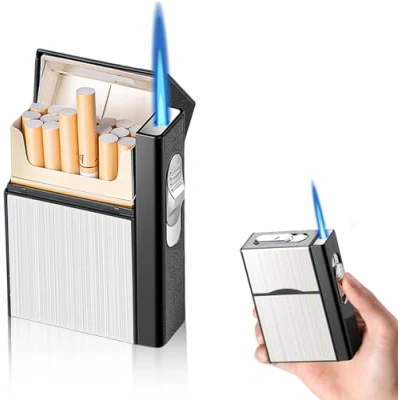 Imagen de Nizirioo Pitillera con mechero: encendedor a prueba de viento, gas, aluminio, puede 20 barriles, carga USB (plata, se vende sin gas)