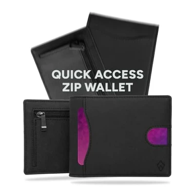 Imagen de AKIELO Tarjetero de Hombre Bloqueo RFID Plegable con Bolsillo a Cremallera y Caja Regalo Elegante Cartera Minimalista (Delta Edición Negra Cremallera)