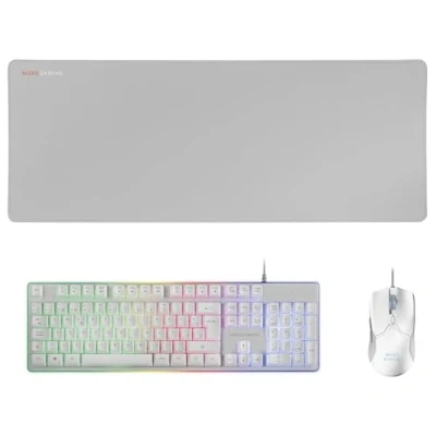 Imagen de Mars Gaming MCPX, Combo Teclado H Mech FRGB, Ratón 10000DPI y Alfombrilla Escritorio XXL, Blanco, Español