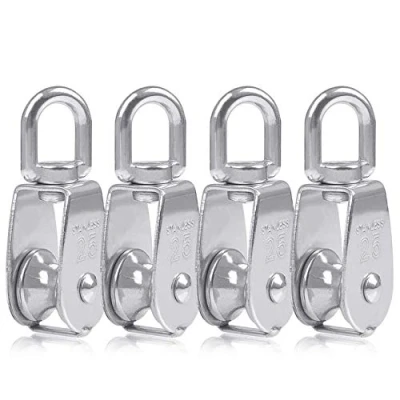 Imagen de BUYGOO 4pcs 25mm Poleas de bloque única en plata Acero inoxidable 304, polea monobloque grúa M25 giratoria gancho simple carga papel 331lbs/ 150kg