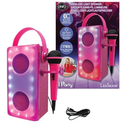 Imagen de Lexibook, iParty, Altavoz Bluetooth® inalámbrico con luz y micrófono, Efectos de Multicolor, Puerto para Tarjeta SD/TF, Batería Recargable, Rosa, BTP185PKZ