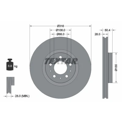Imagen de TEXTAR PRO 92126603 Disco de freno 316 28 05/10 108 ventilación externa revestido sin perno sujeción rueda, buje rueda VOLVO: S60 I