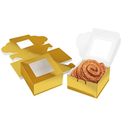 Imagen de Belle Vous Cajas para Tartas de Papel Kraft Dorado con Ventana (Pack 50) 10,16 x 5,7 cm Cupcakes, Galletas, Magdalenas, Postres Repostería Carton Desechable