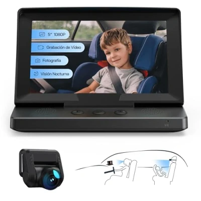 Imagen de WOLFANG Espejo de Coche para Bebé HD 1080P Retrovisor Bebé, USB C Plug and Play Fácil Instalación, Monitor con Pantalla 5 Pulgadas y Cámara Visión Nocturna