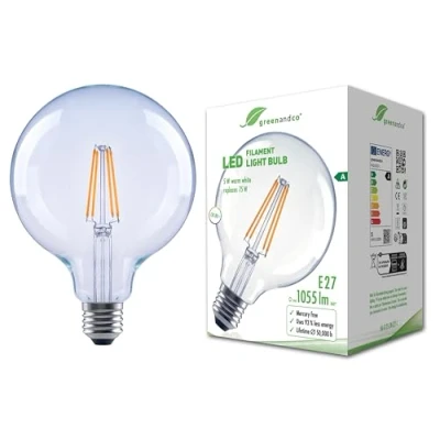 Imagen de greenandco bombilla de filamento LED transparente E27 G125 5W 1055lm sustituye A 75W 2700K blanco cálido 320 230V sin parpadeo clase energética no regulable