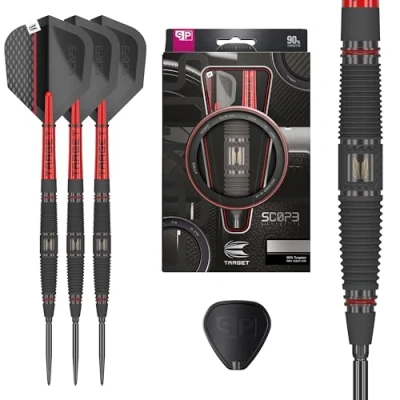 Imagen de Target Darts Scope Dardos Punta Acero Suiza, 90% Tungsteno, Barril 04 22G Acero, Rojos y Negros, Profesionales con Suiza Herramienta