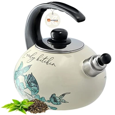 Imagen de KADAX hervidor de agua, acero inoxidable, 2,2 L, agua para inducción y cocina gas, tetera esmaltada, caldera retro con silbato (flores verdes)