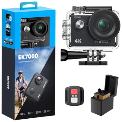 Imagen de AKASO Cámara Deportiva 4K, 30FPS 20MP WiFi de Acción, Gran Ángulo 170 con Control Remoto 2.4 G, Camara Acuatica Sumergible 30M 2 Baterías Estabilización EIS (EK7000)