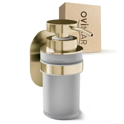 Imagen de ovimar dispensador de jabón Akrasanden oro montaje en pared sin taladrar acero inoxidable y cristal moderno gran apertura para el baño o la cocina también adecuado como