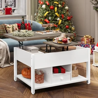 Imagen de YITAHOME Mesa de Centro con Altura Ajustable, Auxiliar Multifuncional 4 en 1 Espacio Almacenamiento Convertible Comedor para Sala Estar, Blanco y Gris