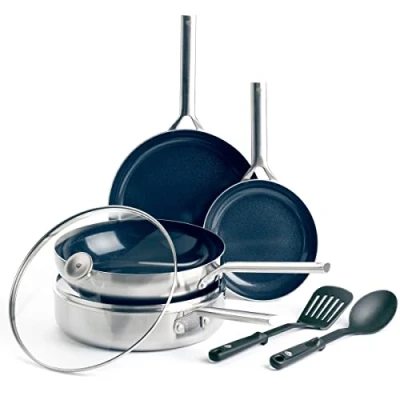 Imagen de Blue Diamond Triple Steel Batería de Cocina 7 Piezas Acero Inoxidable con Cerámica Antiadherente Reforzada Diamantes, Sartenes y Cacerolas, Sin PFAS,Multicapa,Inducción,Horno,Lavavajillas,Plata