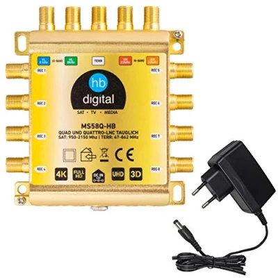 Imagen de HB DIGITAL DVB S / S2 multiswitch 5/8 Distribuidor para 1 SAT, 8 participantes Receptor de satélite Fuente alimentación externa adecuada Quad &amp; Quattro LNB MS58Q HDTV FullHD