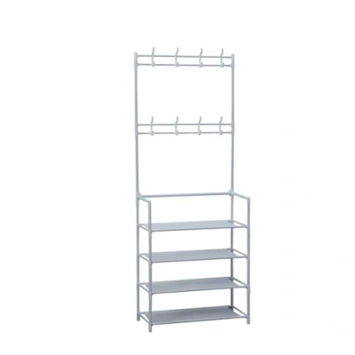 Imagen de Herzberg HG03404, Perchero de entrada con zapatero 4 niveles, 8 ganchos resistentes y espacio para 12 pares zapatos, 60x26x155 cm, Fácil montar mover
