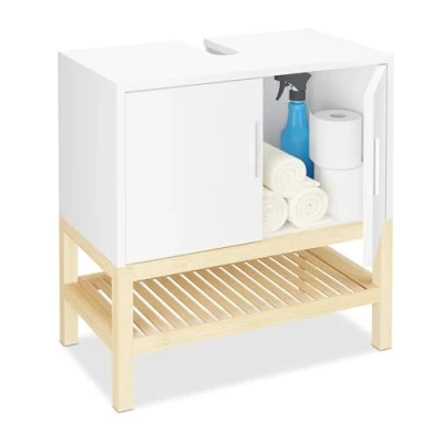 Imagen de Relaxdays Mueble de Baño Bajo Lavabo, Armario Pila Hueco para Sifón, Balda, Bambú y MDF, 60,5x60x33cm, Blanco/Natural