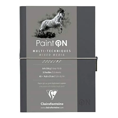Imagen de Clairefontaine 975184C Paint&#039;On Cuaderno cosido de papel, 64 páginas, 14,8 x 21 cm, 250 g, cierre elástico, tapa flexible gris