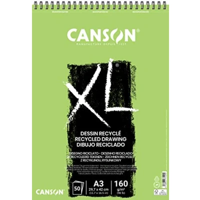 Imagen de Canson XL, Papel de dibujo reciclado, Grano atenuado Fino, 160g, Espiralados sobre el lado corto, A3 29,7x42cm, Blanco, 50 Hojas