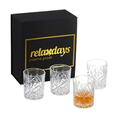 Imagen de Relaxdays Vasos Whisky Set 4, con Caja de Regalo, Diseño Abstracto, Accesorios Bar para Ron, 10 x 8 cm, Transparente