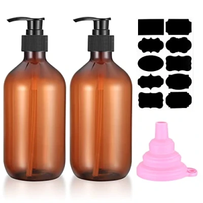 Imagen de 2 Piezas Botellas de Champú Vacías Rellenables, 500ml Botes para Gel y Champu, Dispensador Jabon Plástico con Bomba Jabón Líquido, Champú, Loción Marrón