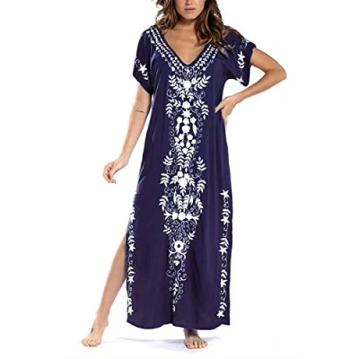 Imagen de YouKD algodón Bordado Floral Suelto Kaftan Boho Bikini de Playa para Cubrir Vestido camisón Talla Grande Mujer