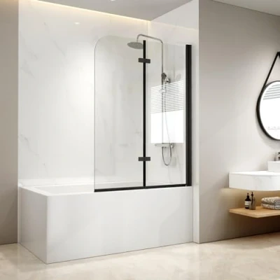 Imagen de EMKE mampara de ducha para bañera, color negro, 110 x 140 cm, 2 piezas, plegable, 6 mm, cristal seguridad