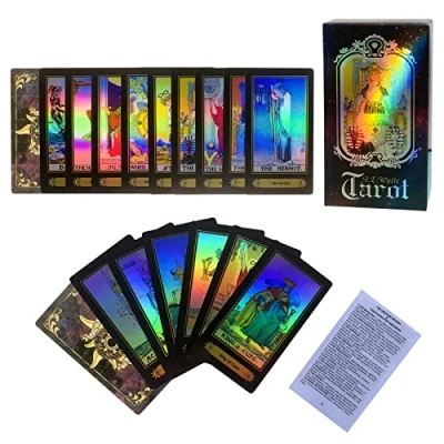 Imagen de SUNHHX Juego de 78 tarjetas tarot láser superficie con libro instrucciones en inglés para principiantes (edición inglés)