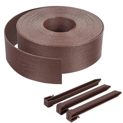 Imagen de VOUNOT® Borde Jardín Césped Borde, Bordillo Escondido Flexible de PE Aspecto Natural, Longitud 20 m Altura 8 cm Espesor 3 mm con 12 Estacas Anclaje, Marrón