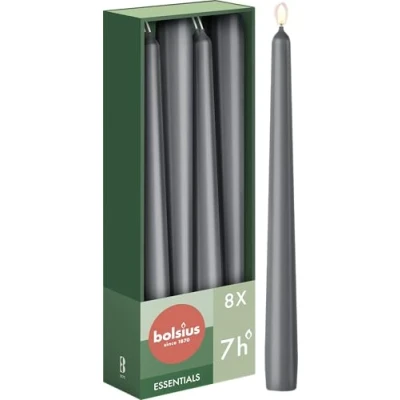 Imagen de Bolsius Velas cónicas Color antracita Paquete de 8 24,5 cm decorativas para el hogar Tiempo combustión 7 horas Sin perfume Cera vegana natural aceite palma