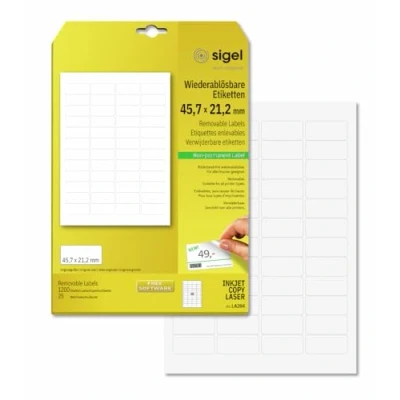 Imagen de SIGEL LA204 Etiquetas despegables (Ink/Laser/Copy), 45,70x21,20 mm (A4), 1200 Et.=25 hojas