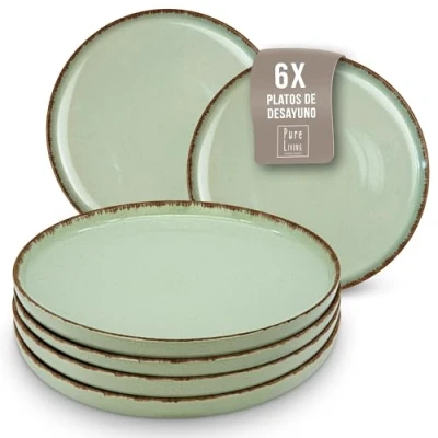 Imagen de Set de Platos Gres Rustic para Desayuno y Postre Juego 6 Elegantes Resistentes, Aptos Lavavajillas Teller Pequeños Ensalada Pastel Pure Living en Color verde menta