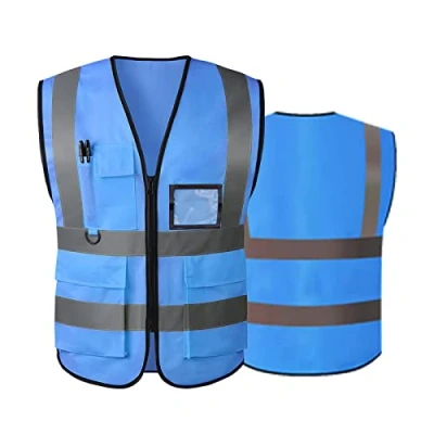 Imagen de Chaleco de seguridad reflectante alta visibilidad para mujeres y hombres, con bolsillos cremallera frontal, cumple las normas ANSI/ISEA, Azul (tela), S