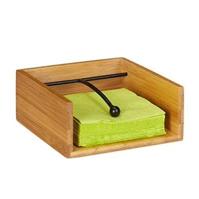 Imagen de Relaxdays Servilletero de Mesa con Peso, Bambú y Acero Inoxidable, Marrón, para servilletas 15 x cm