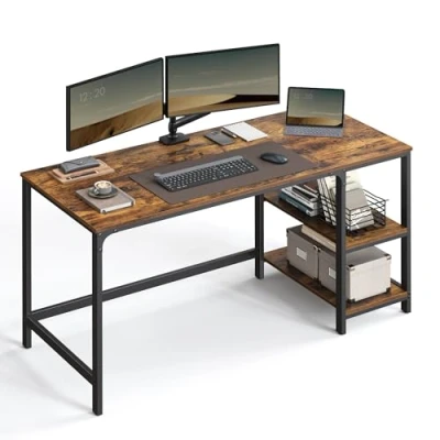 Imagen de VASAGLE Escritorio, Escritorio con 2 Estantes a la Izquierda o Derecha, Mesa de Trabajo, para Salón Oficina, Estructura Acero, Industrial, Marrón Rústico y Negro Tinta LWD55X