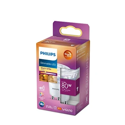 Imagen de Philips Bombilla LED cristal 80W GU10 reproducción cromática de 90 luz blanca cálida 36º apertura, regulable