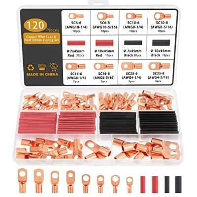 Imagen de Gueenky 120 Piezas Terminales Cobre 6/10/16/25mm² 8 Tamaños M6 M8 Electricos Anillo de Cable tubulares Conectores para Cables Eléctricos Batería SC, con Tubos Termorretráctiles