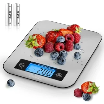Imagen de DURONIC KS1007 Báscula cocina de alta precisión digital Máx 10 kg Función tara Pilas incluidas Pantalla LCD retroiluminada grande Balanza Pesa Alimentos Líquidos Joyas Plateada