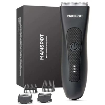 Imagen de MANSPOT Afeitadora Corporal Masculina, Depiladora Hombre con Cuchilla de Cerámica Desmontable, IPX7 Resistente al Agua, Seco y Húmedo, para Barba, Axilas, Pecho, Piernas Genitales, Negro