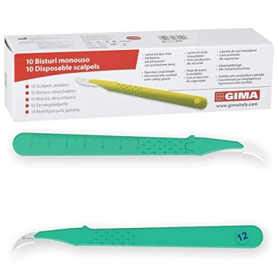 Imagen de GIMA Bisturí desechable estéril, con tapa de seguridad, n. 12, paquete 10, 27042
