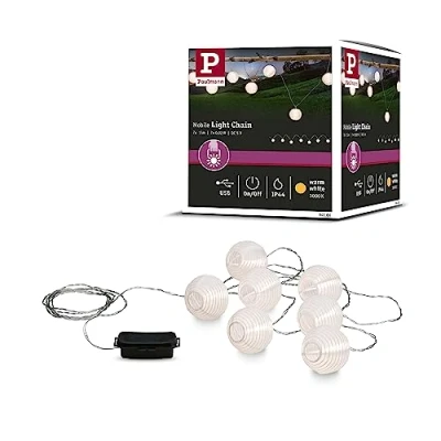 Imagen de Paulmann 94166 Luminaria con batería LED Outdoor Mobile, cadena de luces, 7 farolillos incl. 7x0,02 W IP44, luz móvil, blanco, lámpara batería, plástico, sin cable, 3000 K
