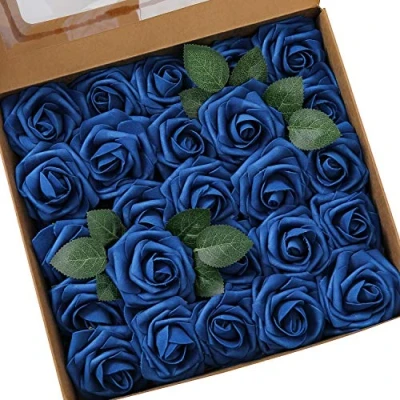 Imagen de Ksnnrsng Flores Rosas Artificiales Espuma Rosa Falsa para Manualidades, Ramos de Novia, centros Mesa, Despedidas Soltera y Decoración del Hogar (25 Piezas, Azul Real)