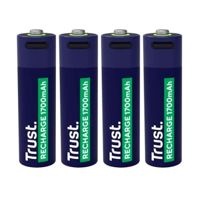 Imagen de Trust Pilas Recargables AA USB C 4 Piezas, Puerto Integrado, No Necesita Cargador de Batería, Alta Capacidad 1700 mAh, Carga con Cable Incluido/Cargador Teléfono, Paquete