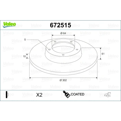 Imagen de VALEO 672515 Disco de freno Eje trasero 302 10 5 macizo revestido HONDA: CR V 3, 2, 4