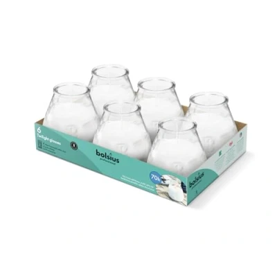 Imagen de Bolsius Velas para exteriores 6 piezas en vidrio, Transparente, Tiempo de combustión 70 horas, Sin aceite palma, Quema limpia, Mecha algodón, perfume