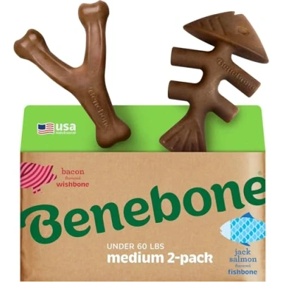 Imagen de Benebone Paquete de 2 Juguetes masticables indestructibles Espina Pescado/Espina Hueso silbido para Perros, rompeaburrimiento Resistente Larga duración