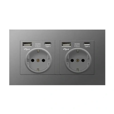 Imagen de Enchufe Doble de Pared 250V 16A. Toma Corriente Empotrada. Múltiple con 2 Tomas, USB A, C 5V 2100mA Carga Rápida. Europeo Interior.