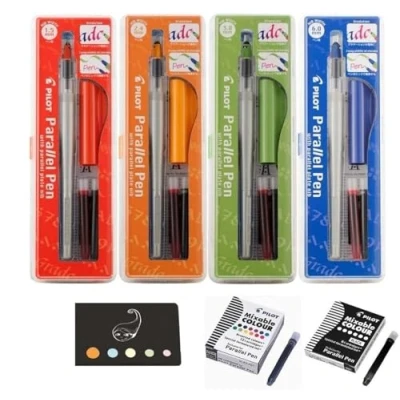 Imagen de Lote de 4 cajas Parallel Pen: 1,5 mm + 2,4 3,8 6,0 12 cartuchos colores surtidos 6 negros 1 índice adhesivo Blumie