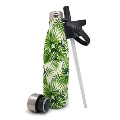 Imagen de NERTHUS Termo Doble Pared para Frios y Calientes Diseño Palmeras de Acero Inoxidable con Tapon Pajita, 0.5 L