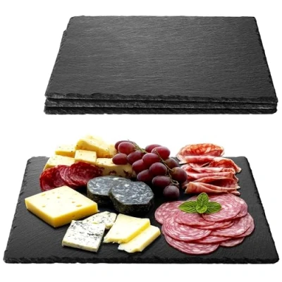 Imagen de Navaris 4x Plato llano de pizarra natural Bandejas para servir alimentos quesos aperitivos tapas sushi Tablas rectangulares piedra 38 x 28 CM