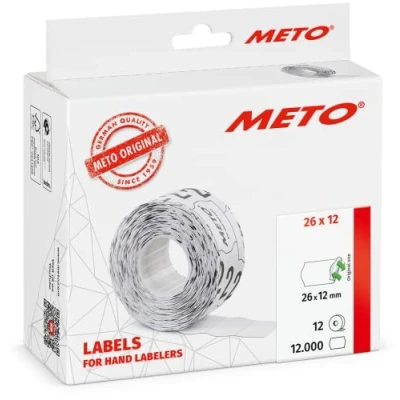 Imagen de Etiquetas Meto para etiquetadoras manuales (26x12 mm, 1 línea, blanco, 12.000 unidades, removibles, Meto, Contact, Sato, Avery, Tovel, Samark, etc.)