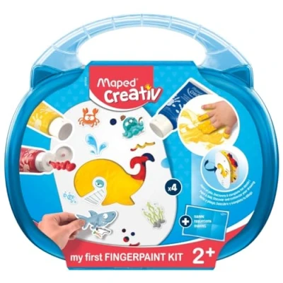 Imagen de Maped Pintura de Dedos para Niños Kit Mi Primera Apto a Partir 2 Años Incluye Hojas Pegatinas, 4 Plantillas, 1 Mantel y 3 Tubos Maletín Reutilizable